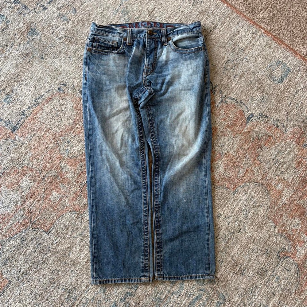 Decree Mens Y2K Blue Skater Jeans Embroidered Pockets 32x30 Grunge Denim